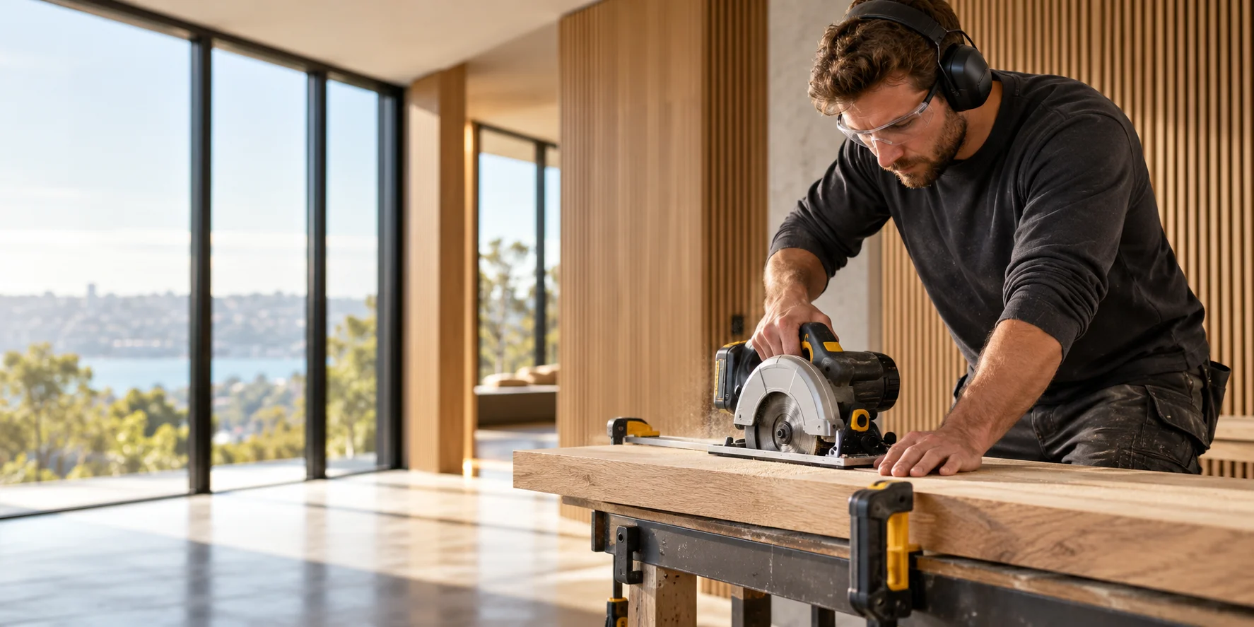 Carpenter wearing eye and hearing protection cutting clamped timber at a workbench