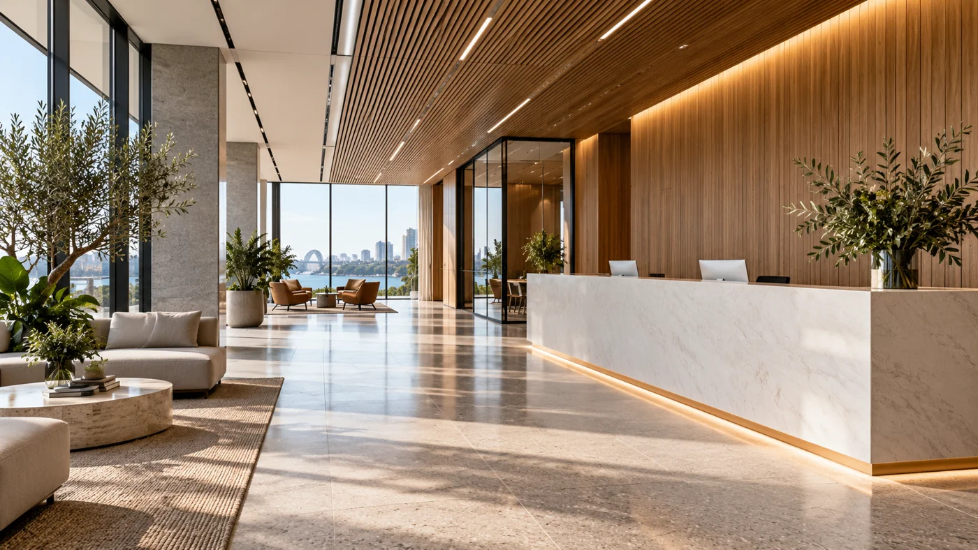 Illustrative commercial reception with timber wall panelling, a contemporary counter and indoor plants