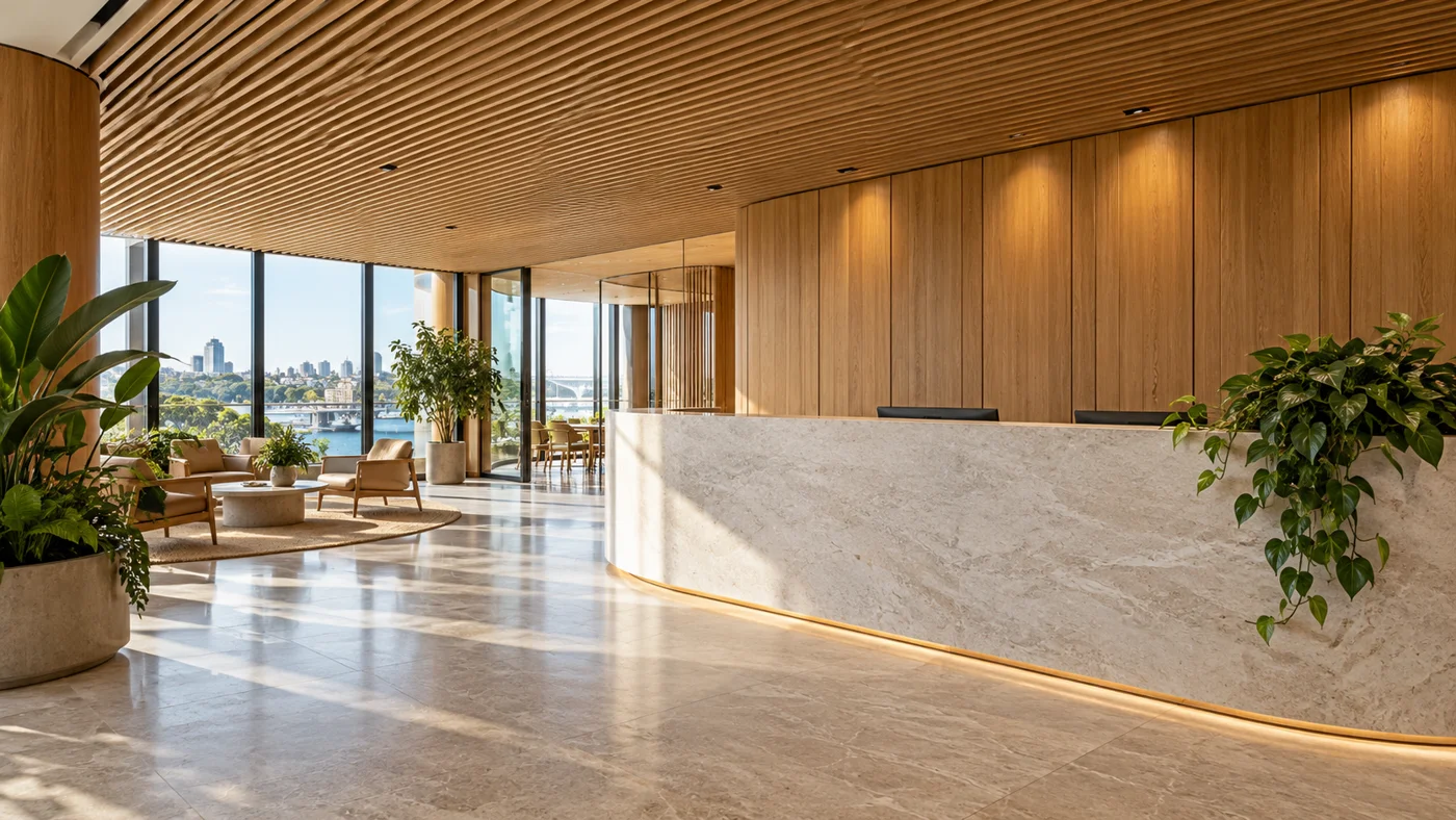 Contemporary commercial reception with an oak slat ceiling and custom timber wall finishes