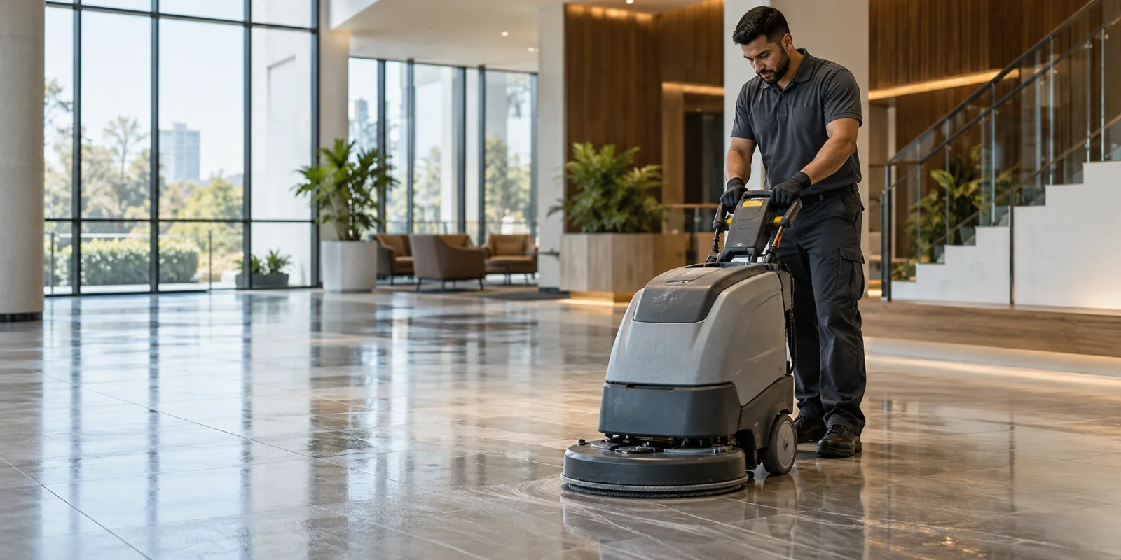 Professional assessing hard-floor cleaning equipment in a commercial facility