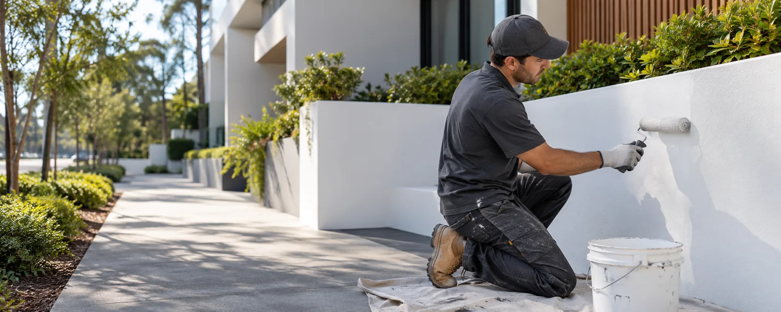 Painter working safely on a low exterior rendered wall