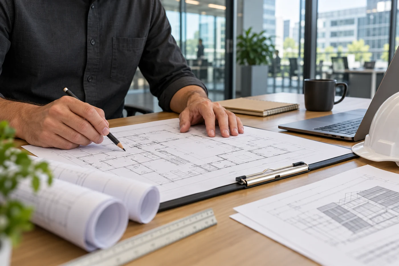 Illustrative property professional reviewing maintenance plans and documentation