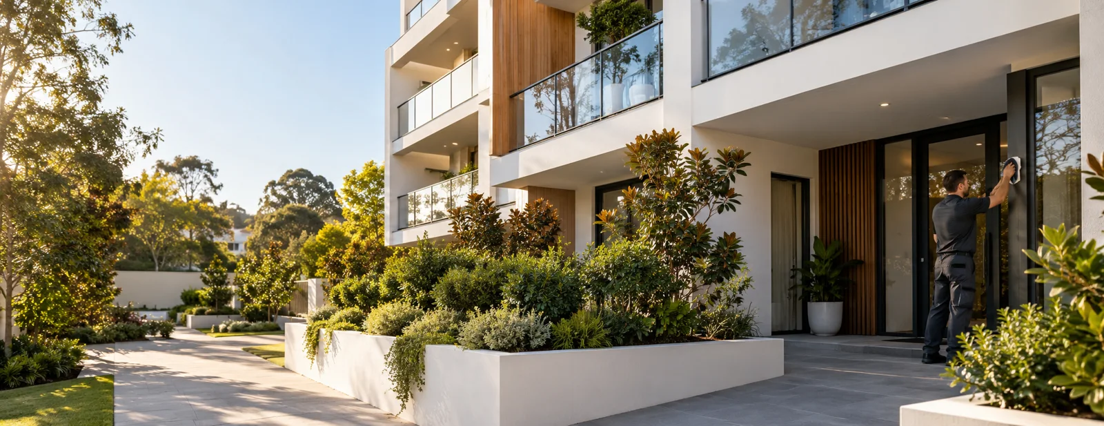 Contemporary low-rise apartment facade and shared entrance