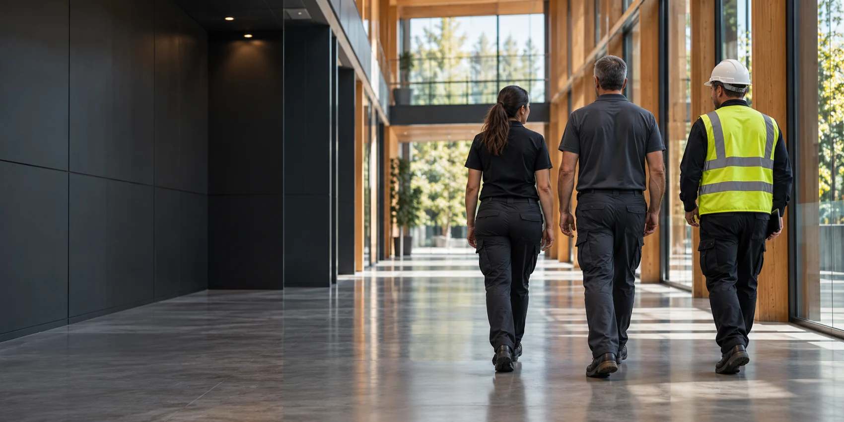 Illustrative facility management professionals in unbranded workwear walking through a commercial corridor