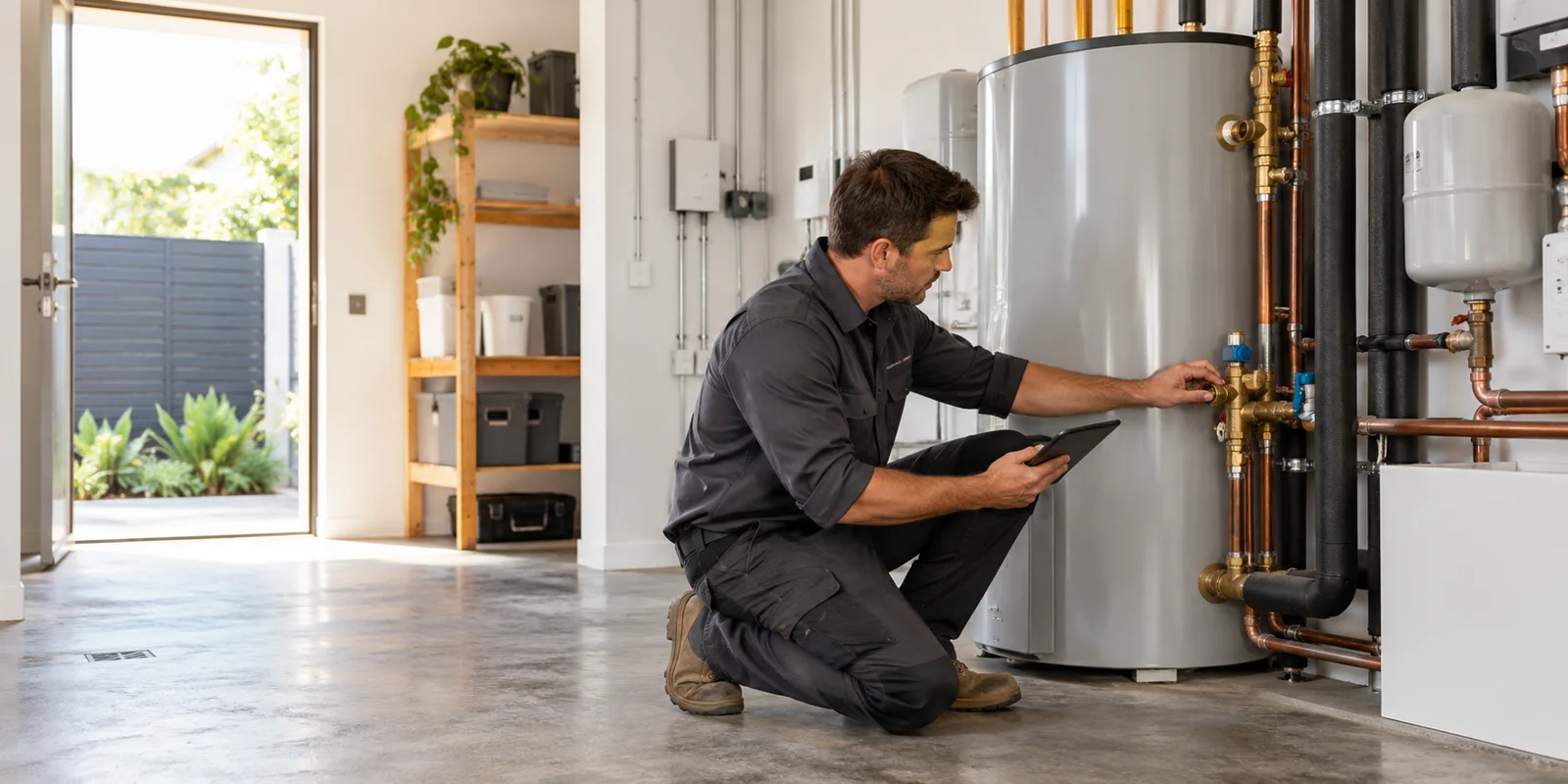 Technician assessing hot water equipment in a utility space