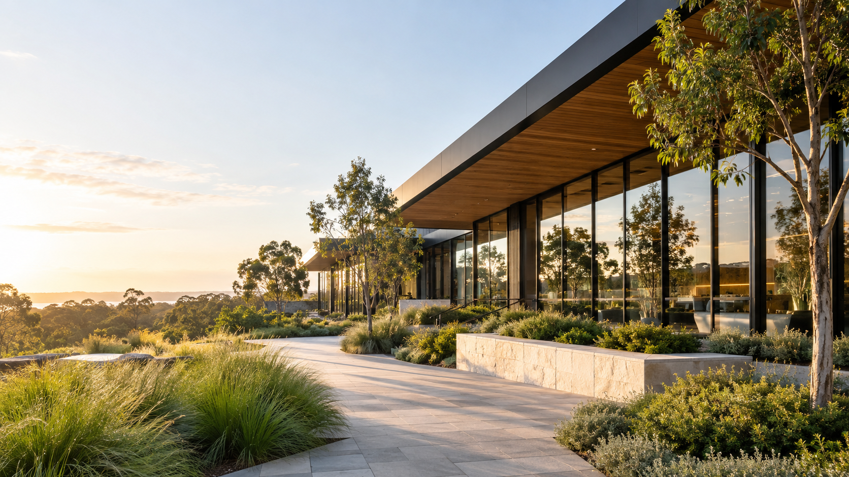 Contemporary architecture with natural materials and landscaped greenery