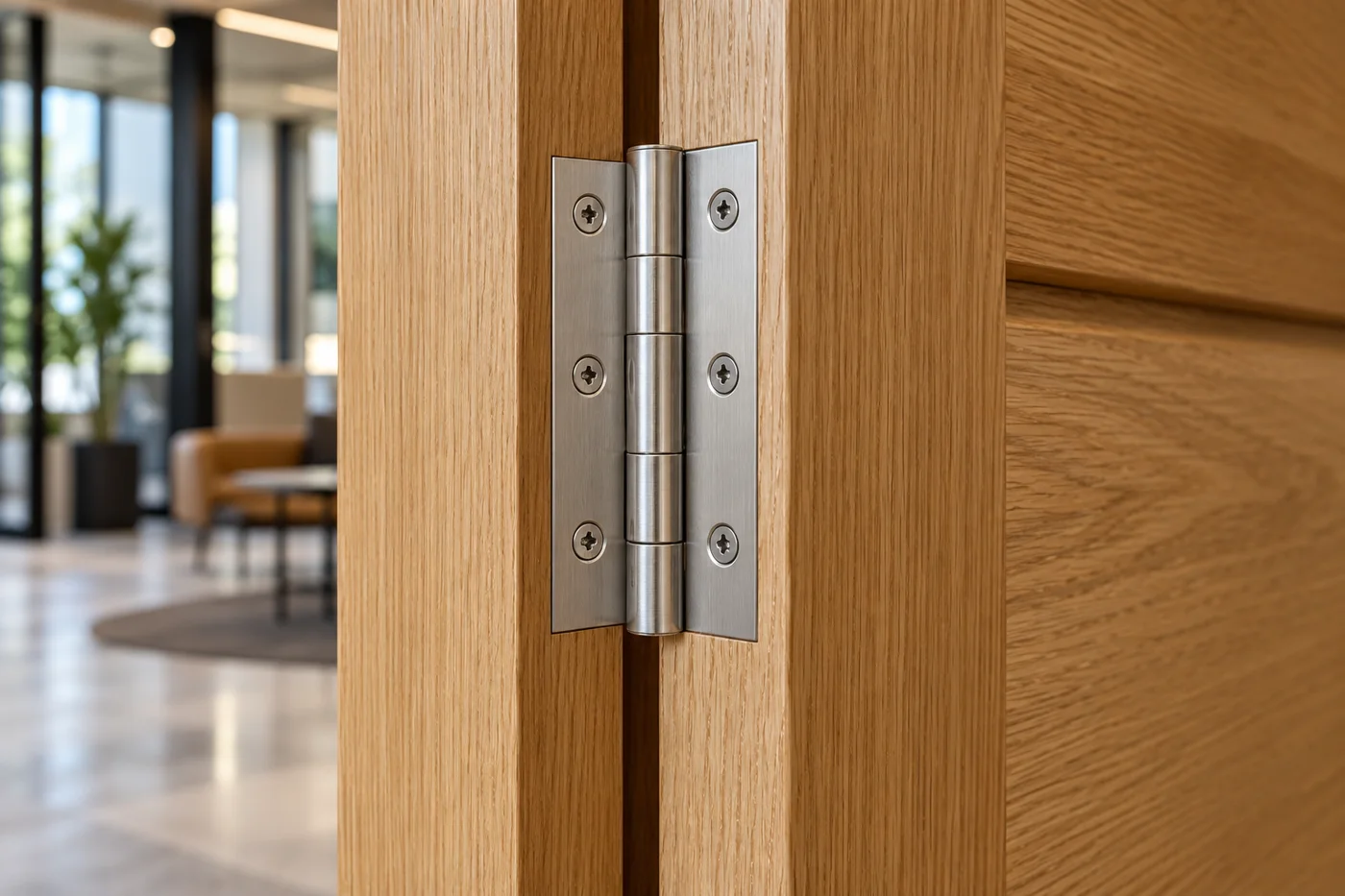 Detail of a brushed metal hinge fitted into a timber door