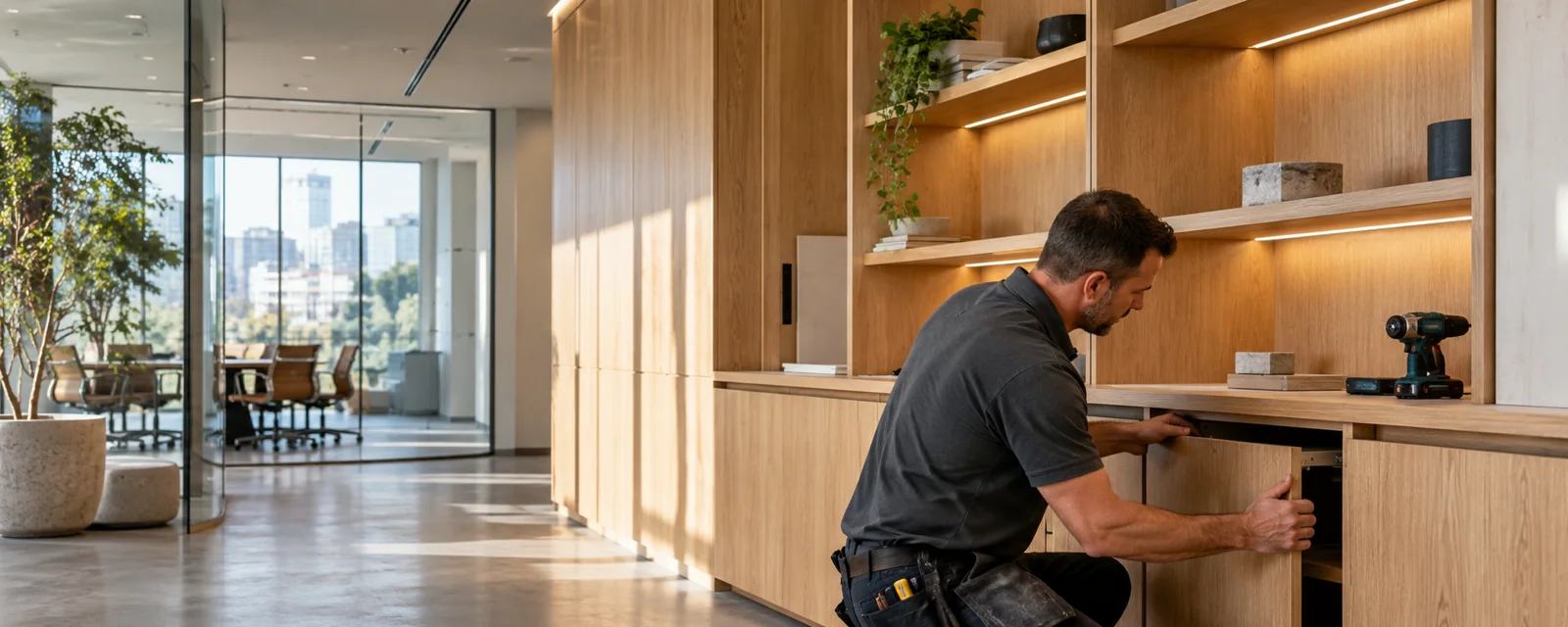 Custom oak cabinetry and shelving in a contemporary workplace