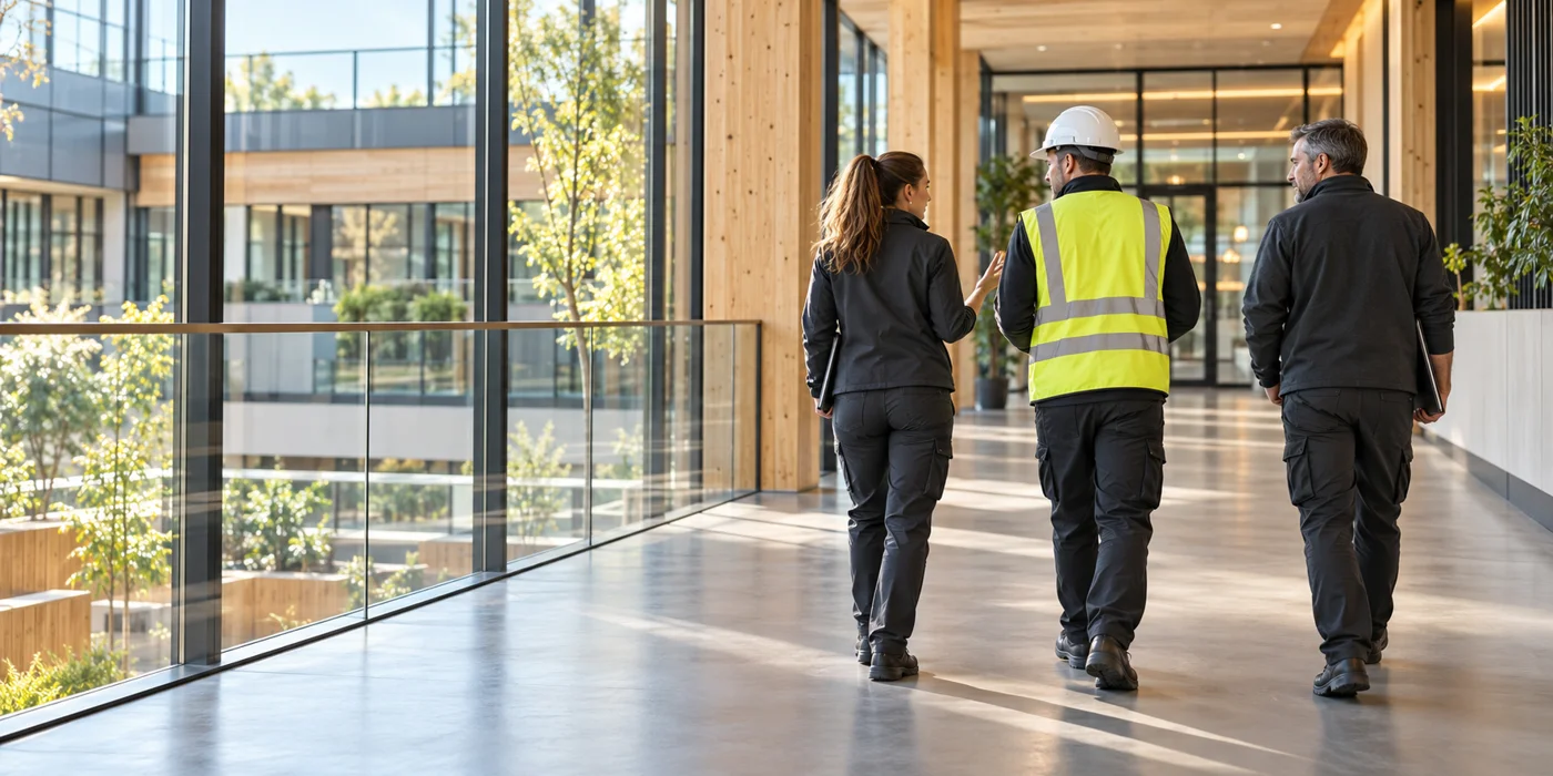 Illustrative facility management professionals in unbranded workwear walking through a contemporary commercial building