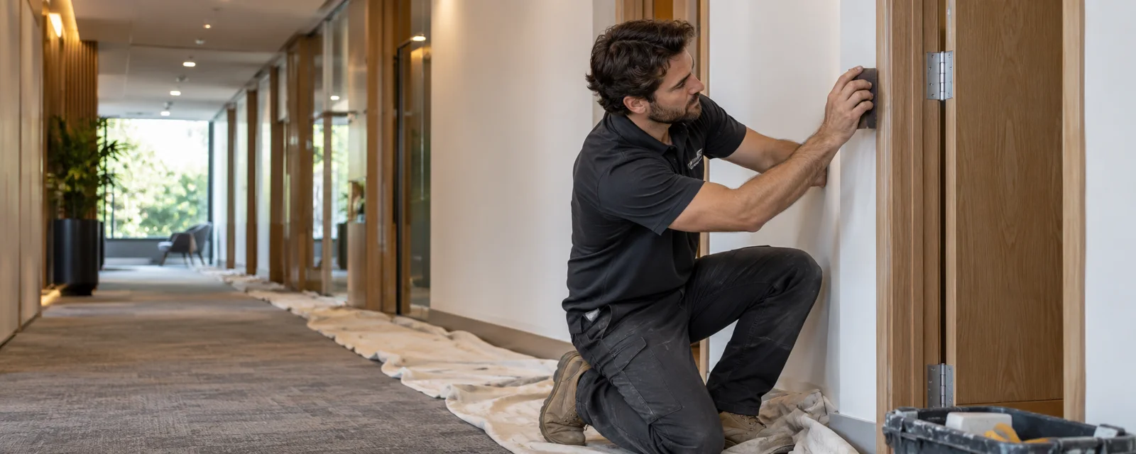 Professional preparing a timber frame and trim for repainting