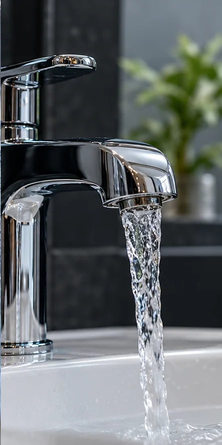 Chrome tap with a clear stream of flowing water