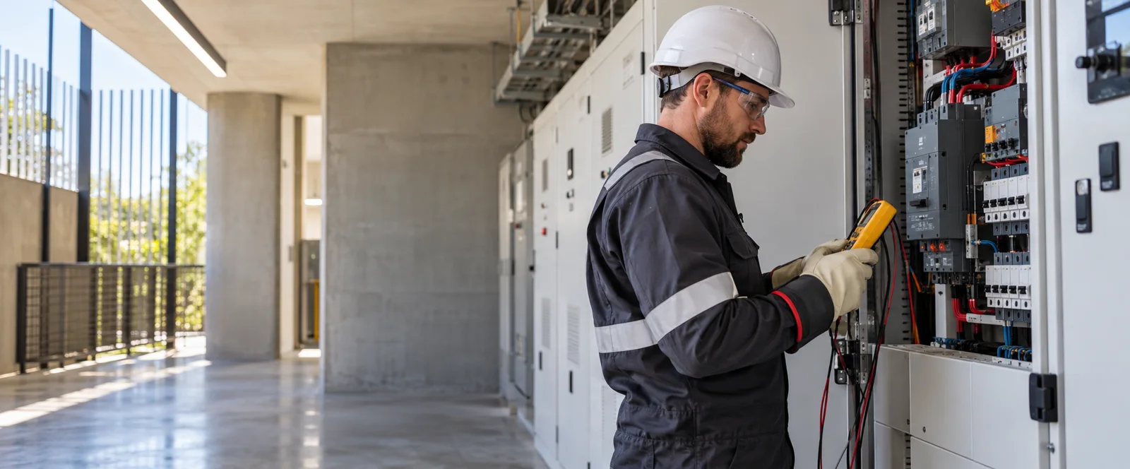 Electrical professional inspecting an isolated commercial switchboard
