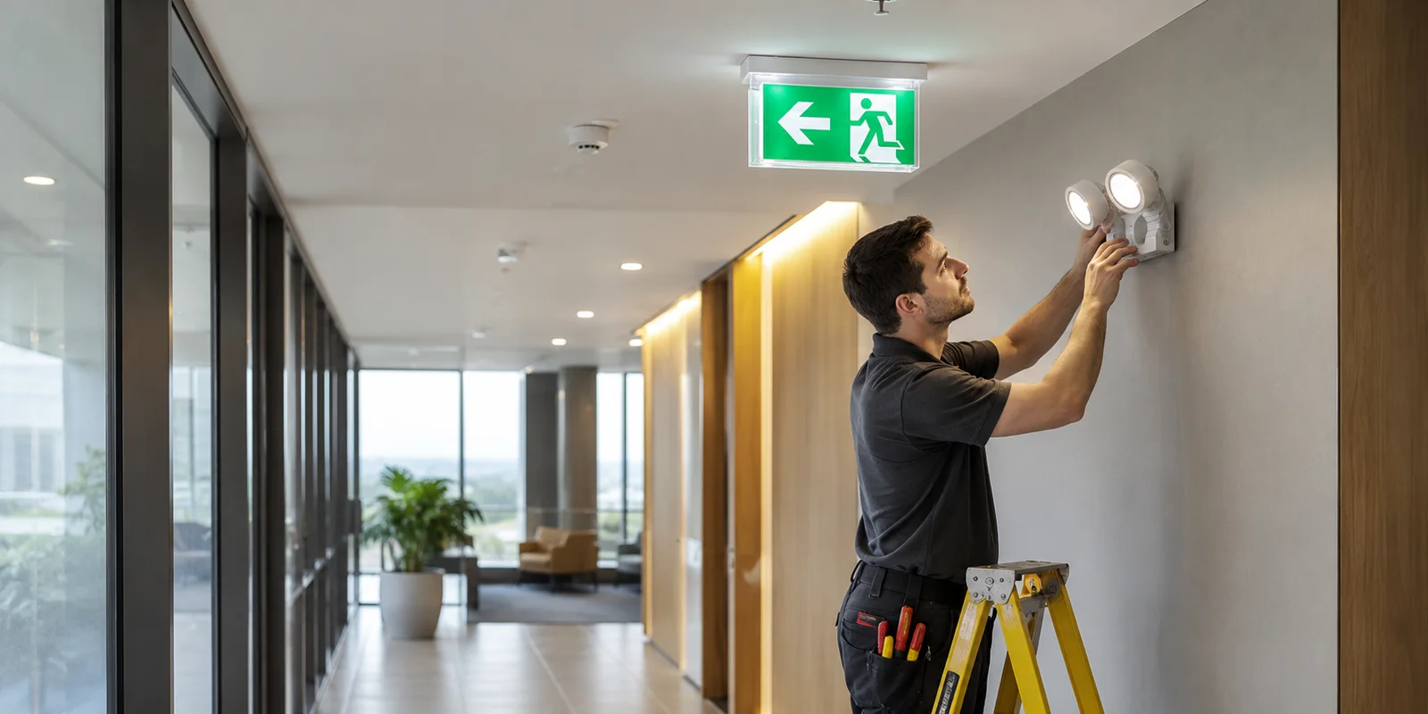 Commercial corridor with illuminated exit signage and emergency fixtures