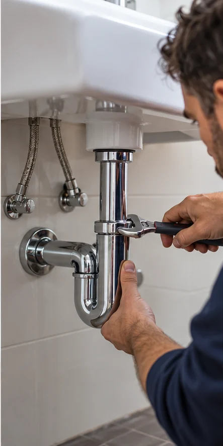 Chrome pipework and trap beneath a modern sink