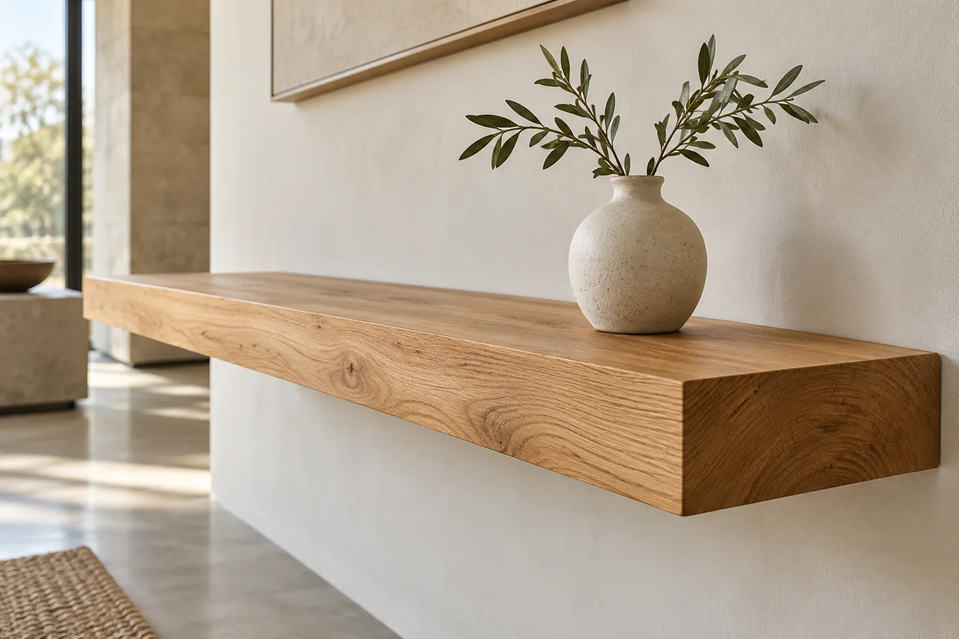 A solid oak shelf with carefully finished timber edges